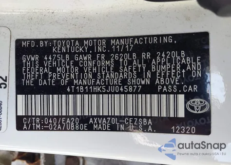 2018 Toyota Camry Se z USA, uszkodzony, nr VIN 4T1B11HK5JU045877